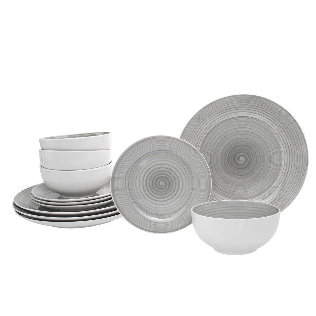 Spiral Grey Porcelain 12 Piece Dinnerware Set, Service For 4 godinger