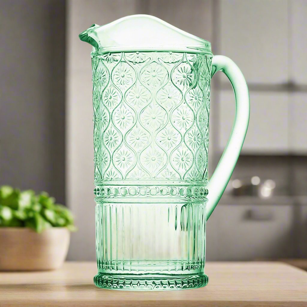 Claro Green Beverage Pitcher Godinger All Barware, All Glassware, All Glassware & Barware, Blue, Claro, Embossed, Glass, Glass Pitcher, Green, Green Claro, Pitcher, Pitchers