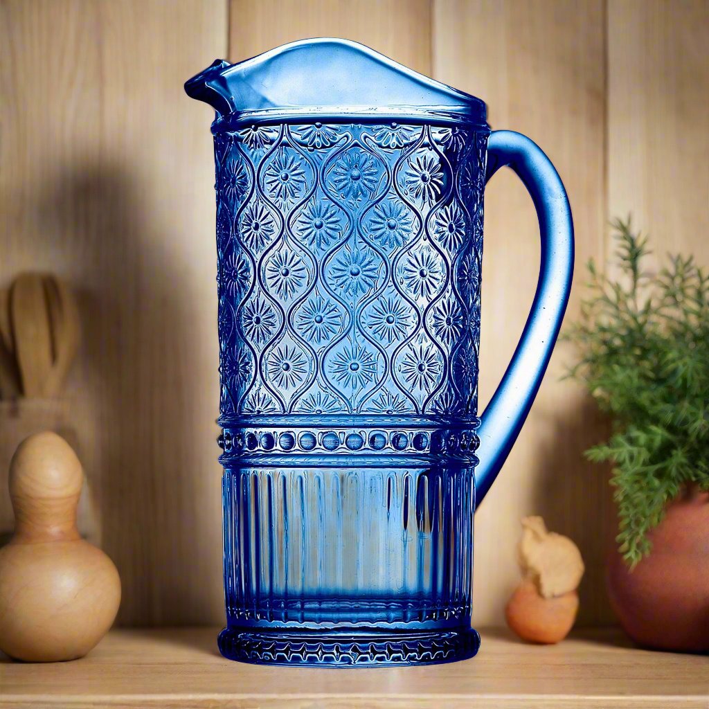 Claro Blue Beverage Pitcher Godinger All Barware, All Glassware, All Glassware & Barware, Blue, Blue Claro, Claro, Claro Pitcher, Clear, Embossed, Glass, Glass Pitcher, Pitcher, Pitchers