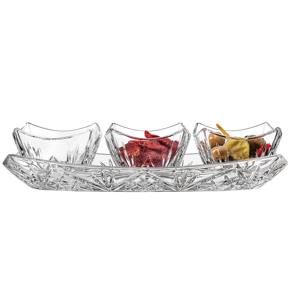 Dublin Square 4 Piece Appetizer Server Godinger All Kitchen, Clear, Crystal, Cut Crystal, Dublin, Dublin Kitchen, Serving Trays