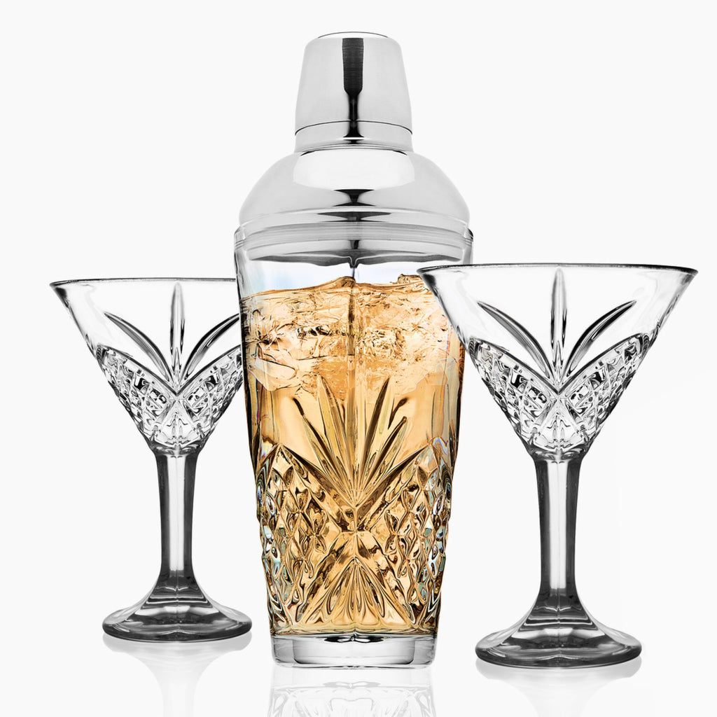 Dublin Crystal 3 Piece Martini & Shaker Set Godinger All Barware, All Glassware, All Glassware & Barware, Crystal, Cut Crystal, Dublin, Dublin Crystal, Dublin Glassware, Glassware, Glassware & Barware, Martini, Martini & Coupes
