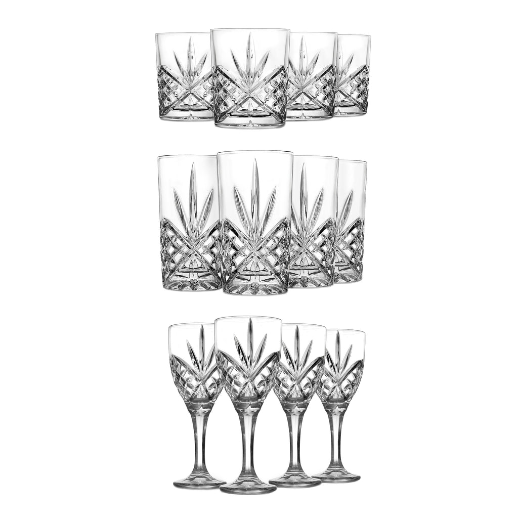 Dublin Crystal 12 Piece Double Old Fashion, Goblet, & Highball Glassware Set Godinger All Glassware, All Glassware & Barware, DOF, DOF & Highball, Dublin, Dublin Crystal, Dublin Glassware Godinger