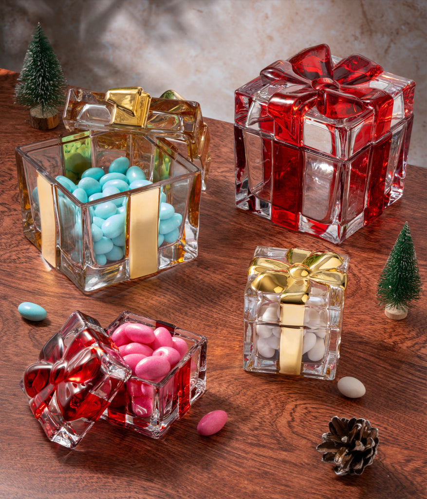 Godinger 5.5 in. Ribboned Gift Wrapped Crystal Keepsake Box Clear \u0026 Gold, image size:877x1024