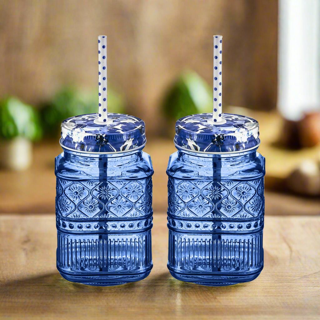 Claro Blue Mason Jar, Set of 2 Godinger All Barware, All Glassware, All Glassware & Barware, Blue, Blue Claro, Claro, Glassware & Barware, Mason, Mason Jars