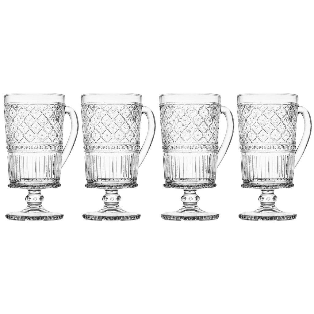 Claro Clear Footed Coffee Mug, Set of 4 Godinger All Dining, Claro, Claro Footed Mugs, Claro Mug Set, Claro Set, Coffee, Coffee Mug, Embossed, Footed Mug, Mug, Mug Set, Mugs, Mugs & Teacups