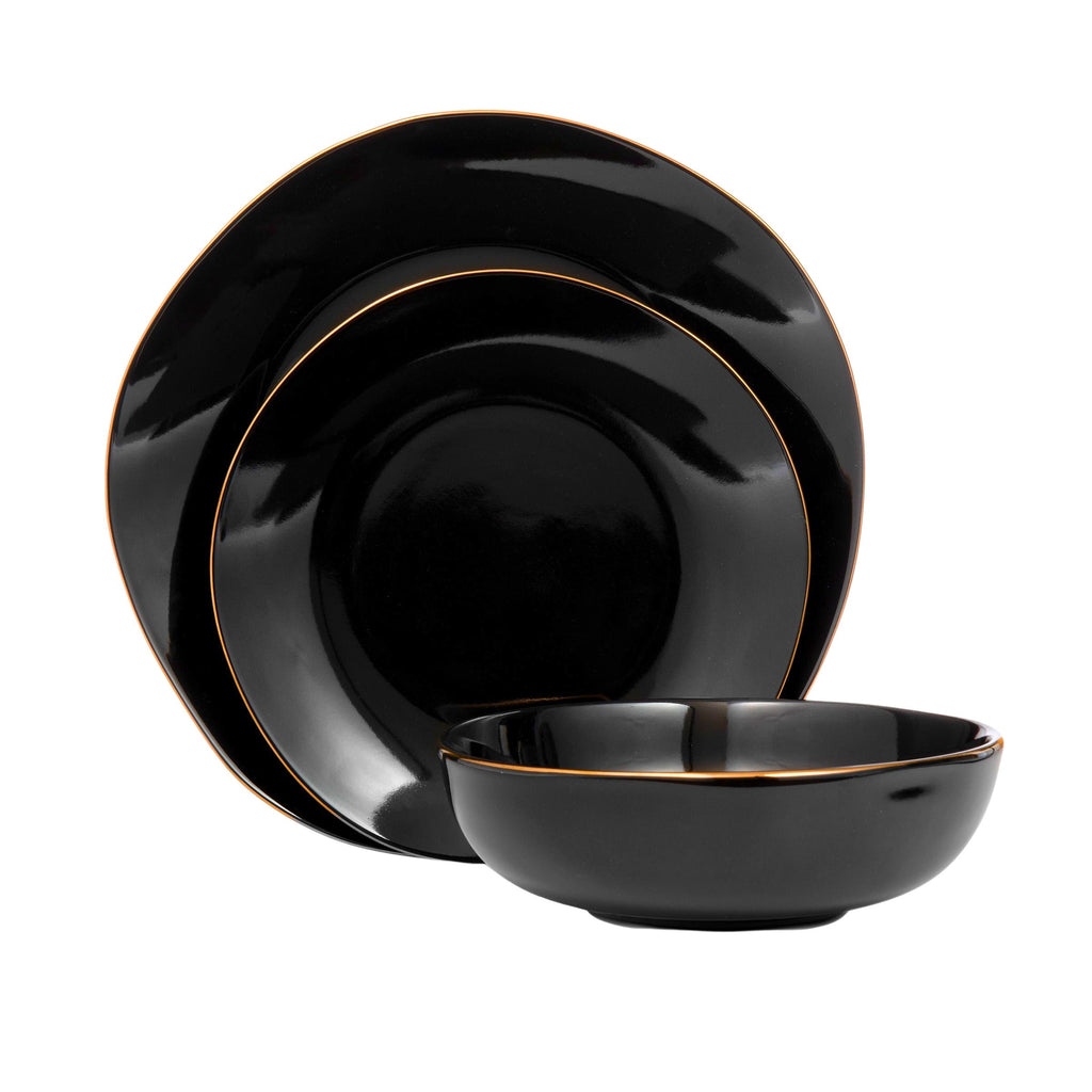 Andover Black 12 Piece Gold Rim Dinnerware Set, Service For 4 Godinger 12 Piece Dinnerware Set, 12 Piece Set, All Dining, Black, Black & Gold, Black Dinnerware, Black Porcelain, Dinner Set, Dinnerware, Dinnerware Set, Fine Dinnerware, Porcelain, Porcelain Dinnerware, Porcelain Dinnerware Set, Service For 4