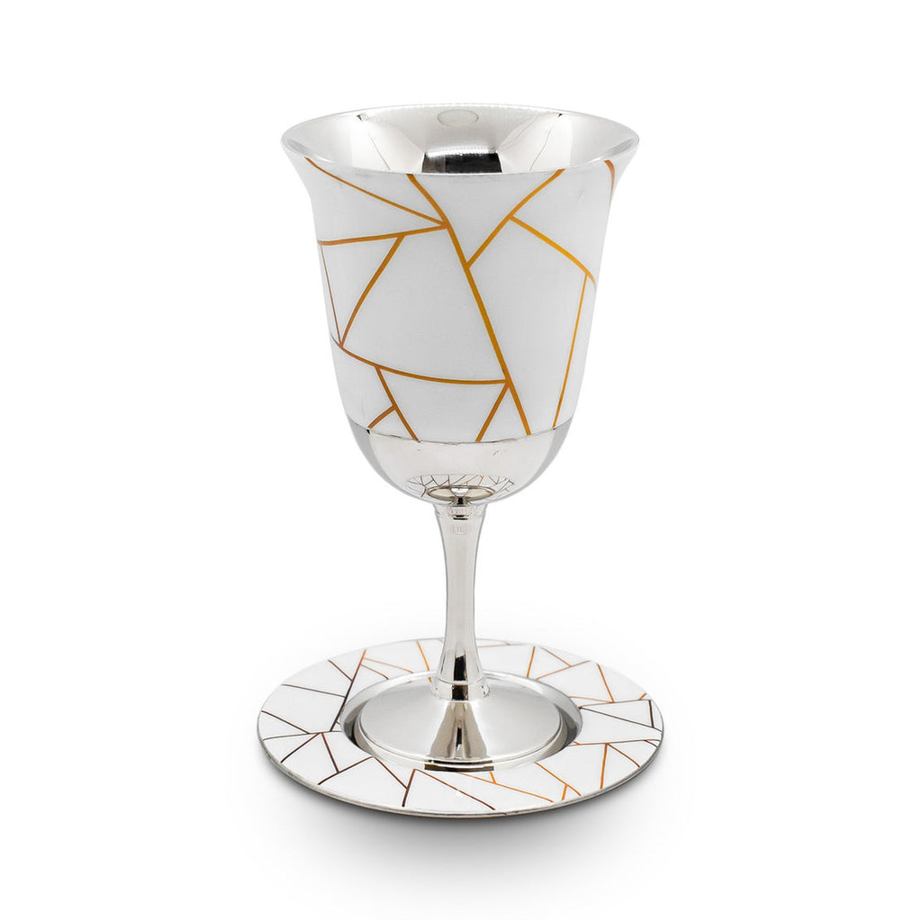 Abstract Lines White & Gold Kos Shel Eliyahu Godinger All Judaica, Gold, Judaica, Stainless, Stainless Steel, White, White & Gold