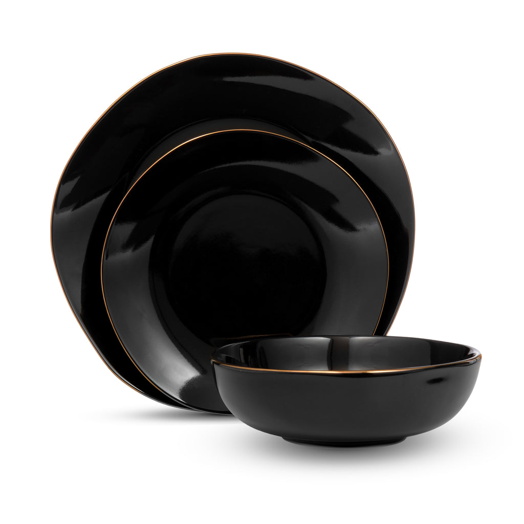 Andover Black 12 Piece Gold Rim Dinnerware Set, Service For 4 Godinger 12 Piece Dinnerware Set, 12 Piece Set, All Dining, Black, Black & Gold, Black Dinnerware, Black Porcelain, Dinner Set, Dinnerware, Dinnerware Set, Fine Dinnerware, Porcelain, Porcelain Dinnerware, Porcelain Dinnerware Set, Service For 4