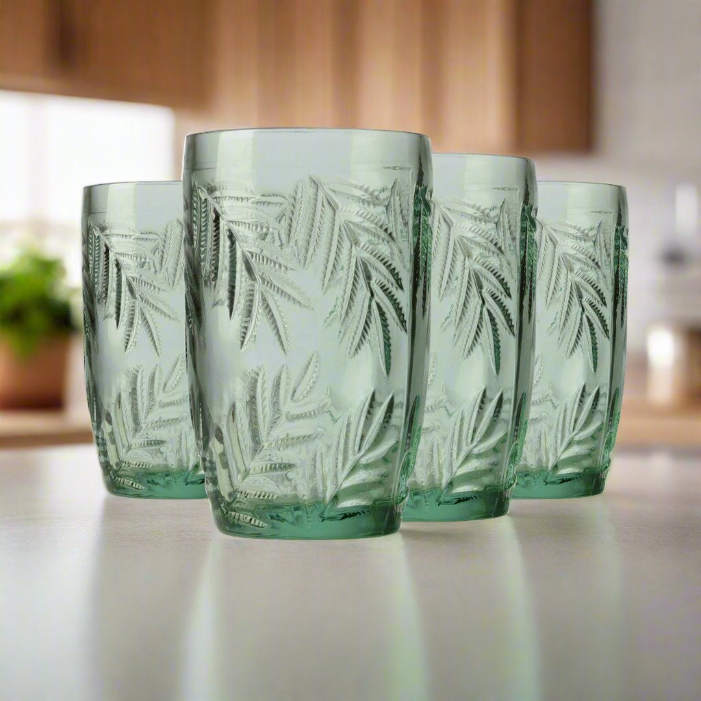 Bali Highball, Set of 4 Godinger All Glassware, All Glassware & Barware, Bali, DOF & Highball, Green, Highball, Highball Set, Palm, Palm Leaf