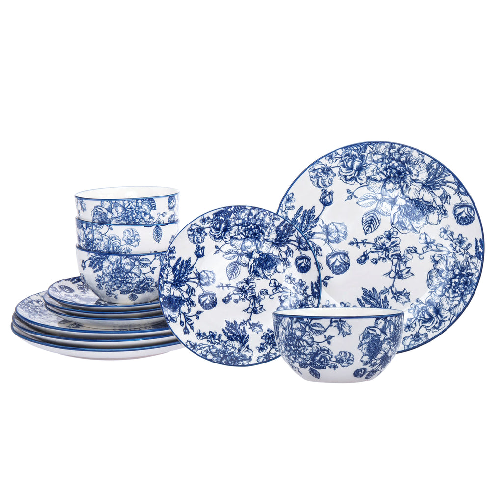 Banbury Blue Porcelain 12 Piece Dinnerware Set, Service For 4 Godinger 12 Piece Dinnerware Set, 12 Piece Set, Blue, Blue Dinnerware, Dinnerware, Dinnerware Set, Everyday Dinnerware, Porcelain, Porcelain Dinnerware, Porcelain Dinnerware Set, Service For 4, White, White Dinnerware