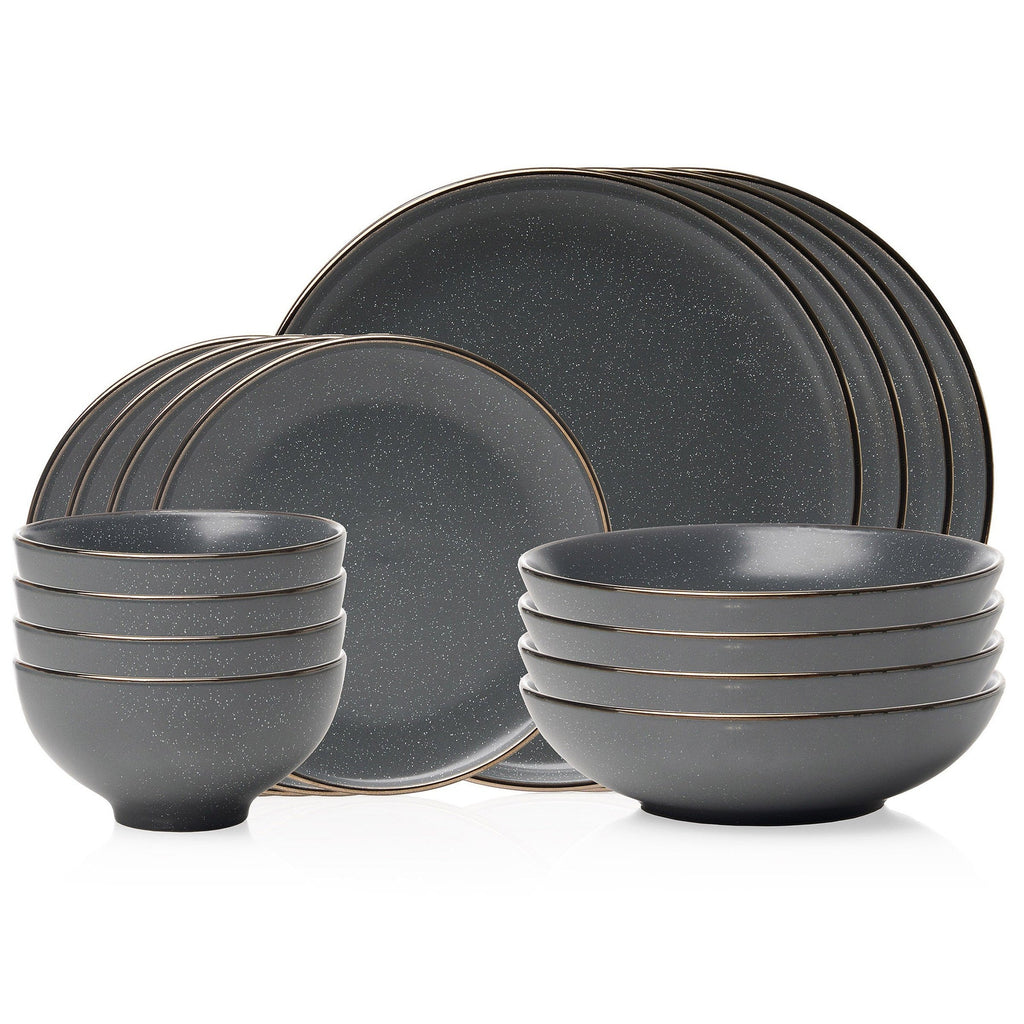 Beaumont Grey Gold Rim 16 Piece Dinnerware Set, Service for 4 Godinger 16 Piece Dinnerware, 16 Piece Dinnerware Set, 16 Piece Set, All Dining, Beaumont, Dining, Dinnerware, Dinnerware Set, Fine Dinnerware, Gold Rim, Grey, Grey Dinnerware, Speckled