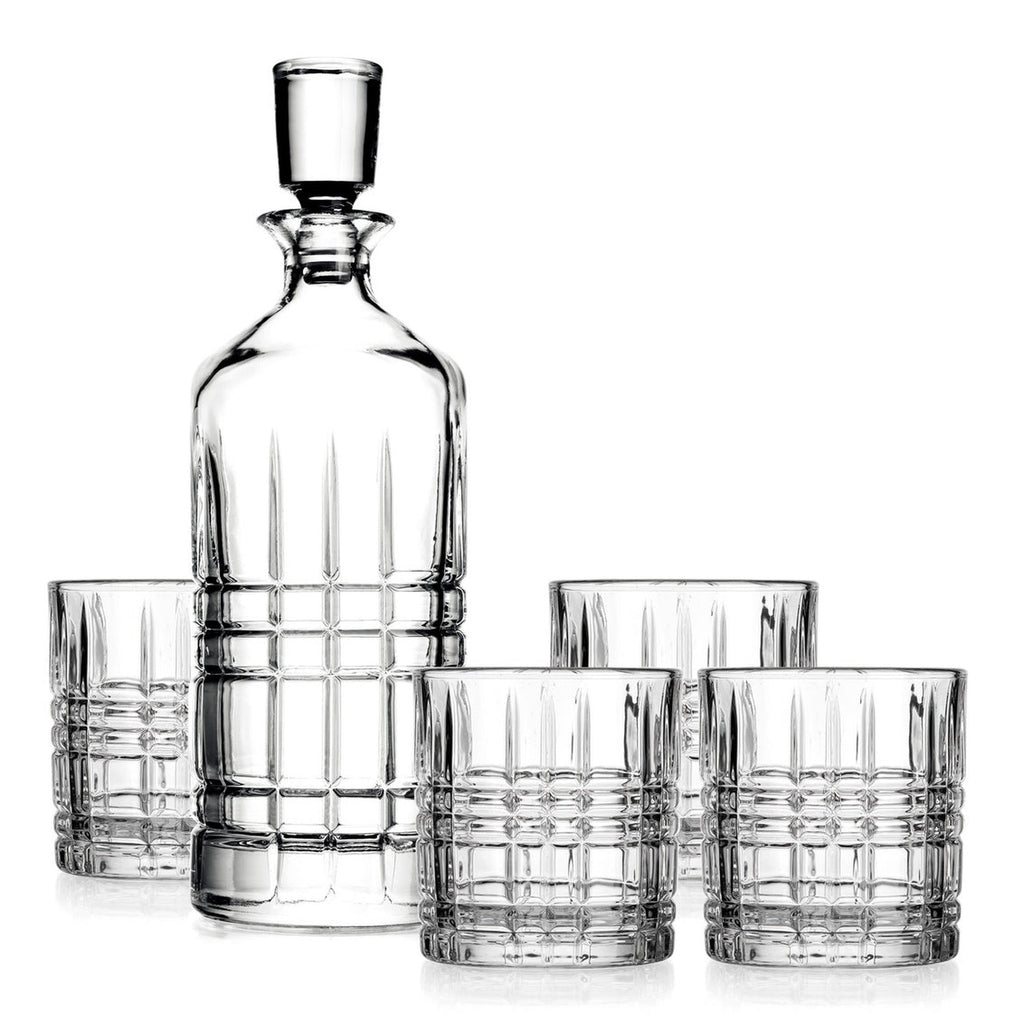 Boundary 5 Piece Whiskey Decanter Set Godinger All Glassware, All Glassware & Barware, Boundary, Clear, Cut Crystal, Decanter, Decanter & Decanter Sets