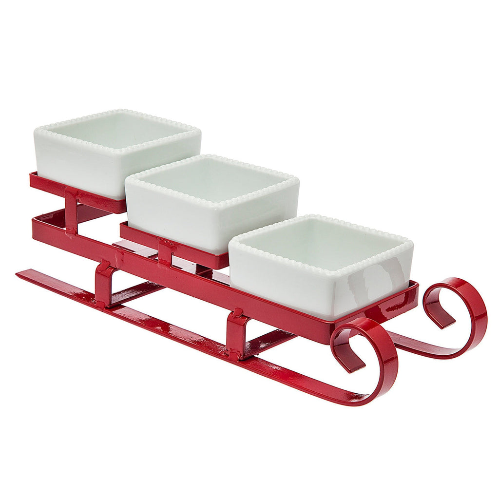 Christmas Sleigh Appetizer Server Godinger All Kitchen, Christmas, Holiday, Porcelain, Red, Serving Trays, Sleigh, Stainless, Stainless Steel, White, White Porcelain