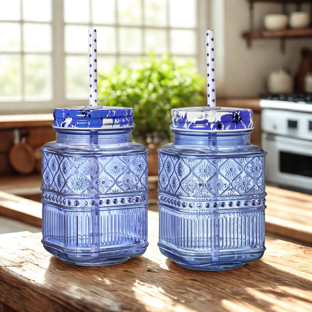 Claro Blue Mason Jar, Set of 2 Godinger All Barware, All Glassware, All Glassware & Barware, Blue, Blue Claro, Claro, Glassware & Barware, Mason, Mason Jars Godinger