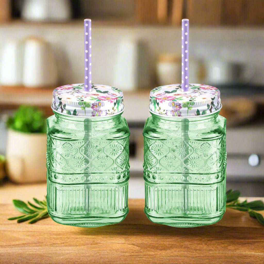 Claro Green Mason Jar, Set of 2 Godinger All Barware, All Glassware, All Glassware & Barware, Claro, Glassware & Barware, Green, Green Claro, Mason, Mason Jars