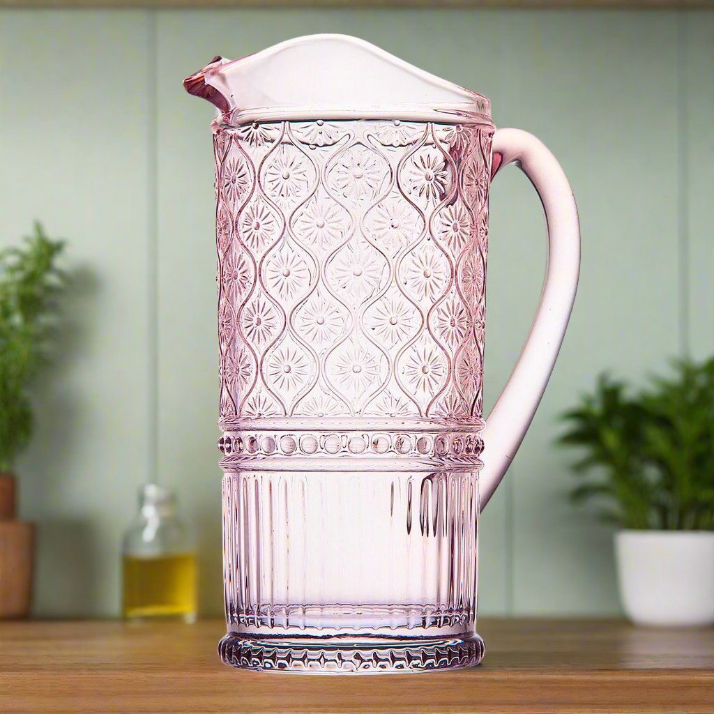 Claro Pink Beverage Pitcher Godinger All Barware, All Glassware, All Glassware & Barware, Claro, Claro Pitcher, Clear, Clear Claro, Embossed, Glass, Glass Pitcher, Pink, Pink Claro, Pitcher, Pitchers