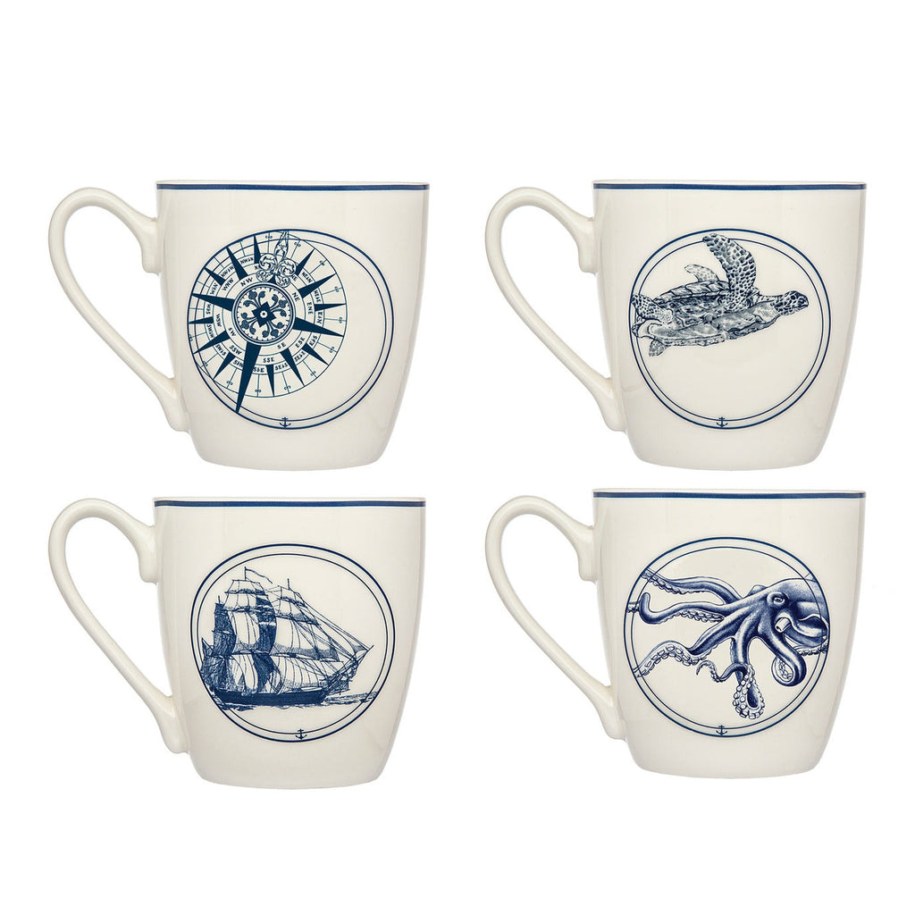 Costal Mugs, Set of 4 Godinger All Dining, Boat, Compass, Mugs, Mugs & Teacups, Porcelain, Squid, Turtle, White, White Porcelain