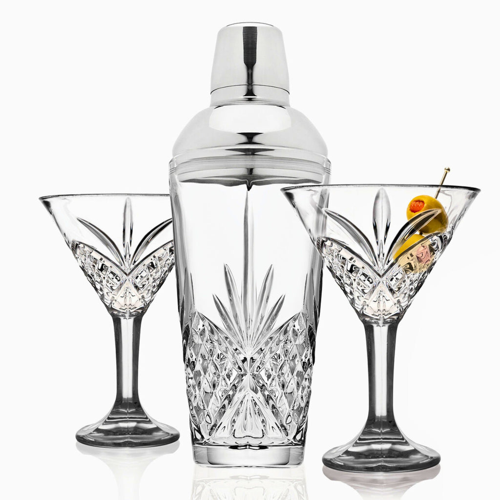 Dublin Crystal 3 Piece Martini & Shaker Set Godinger All Barware, All Glassware, All Glassware & Barware, Crystal, Cut Crystal, Dublin, Dublin Crystal, Dublin Glassware, Glassware, Glassware & Barware, Martini, Martini & Coupes