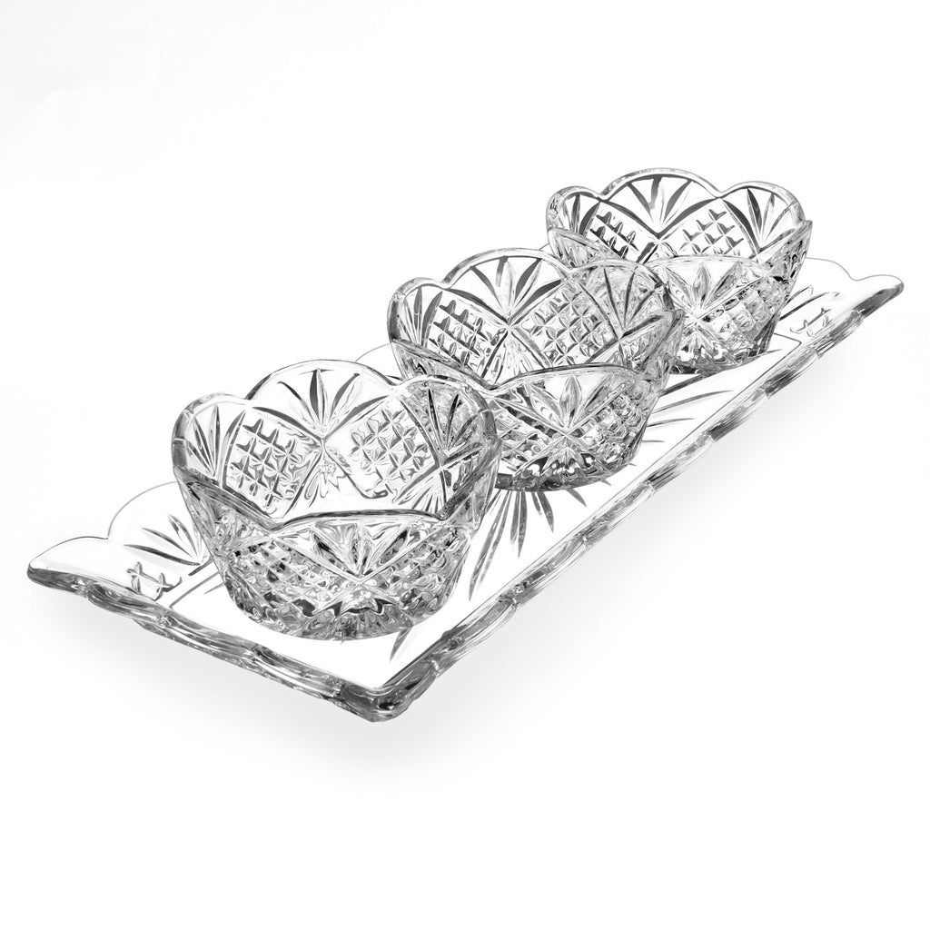 Dublin Crystal Scalloped Relish Server, 4 Piece Set Godinger All Judaica, All Kitchen, Clear, Crystal, Cut Crystal, Dublin, Dublin Crystal, Dublin Kitchen, Judaica, Kitchen, Relish Dish, Scalloped