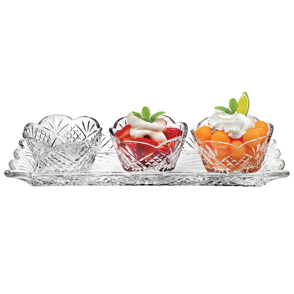 Dublin Crystal Scalloped Relish Server, 4 Piece Set Godinger All Judaica, All Kitchen, Clear, Crystal, Cut Crystal, Dublin, Dublin Crystal, Dublin Kitchen, Judaica, Kitchen, Relish Dish, Scalloped