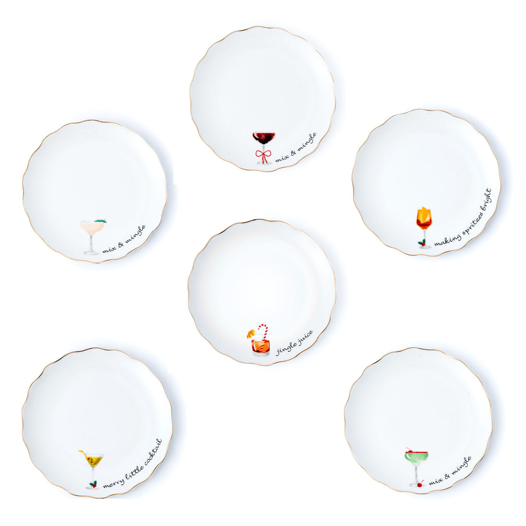 Holiday Cheers Gold Rim Appetizer Plate, Set of 6 Godinger All Dining, Appetizer, Appetizer Plate, Appetizer Plate Set, Appetizer Sets, Christmas, Gold, Gold Rim, Holiday, Plates, Porcelain, White & Gold, White Porcelain, X-Mas Godinger