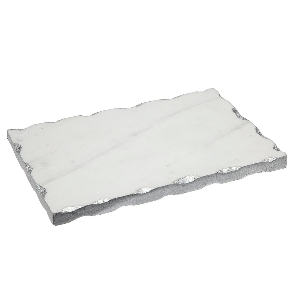 Lavi Marble Silver Organic Edge Small Rectangle Board Godinger All Kitchen, Board, Cheese Board, Lavi, Organic, Serving, Serving & Cheese Boards, Serving Platter, Silver, Silver Accent, Silver Edge, White Marble