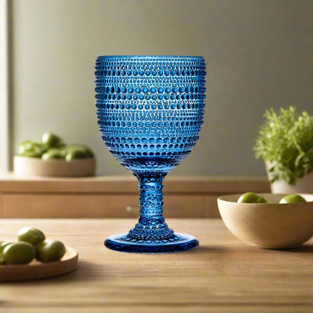 Lumina Blue Goblet, Set of 4 Godinger All Barware, All Glassware, All Glassware & Barware, Blue, Blue Goblet, Brooklyn Steel Co, Fortessa Jupiter, Glassware & Barware, Glaver's Hobnail, Goblet, Hobnail, Hobnail Goblet, Home Essentials Halo, Lumina, Lumina Blue, Lumina Goblet, Wine & Champagne