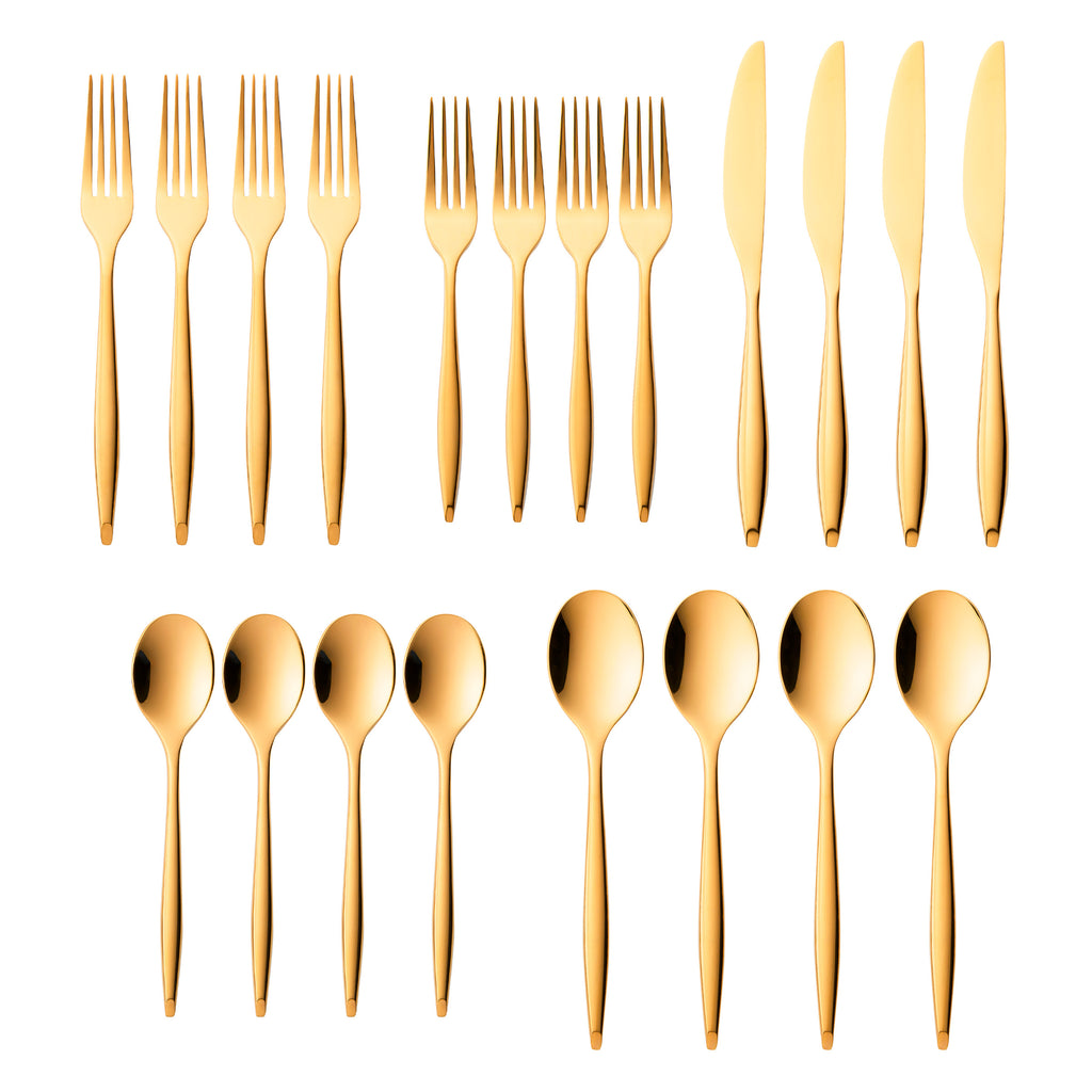 Milano Mirrored Gold 18/10 Stainless Steel 20 Piece Flatware Set, Service For 4 Godinger 18/10 Stainless Steel, 18/10 Stainless Steel Flatware, 20 Piece Set, All Flatware & Serveware, Flatware Set, Flatware Sets, Milano, Service For 4, Tableware
