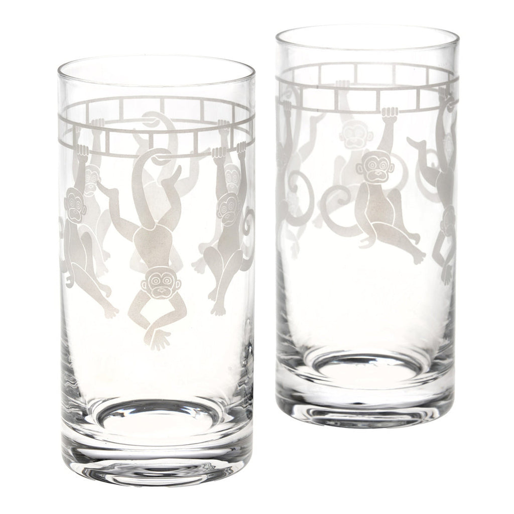 Monkey Highball, Set of 2 Godinger All Glassware, All Glassware & Barware, Clear, DOF & Highball, Etched, Highball, Monkey, White