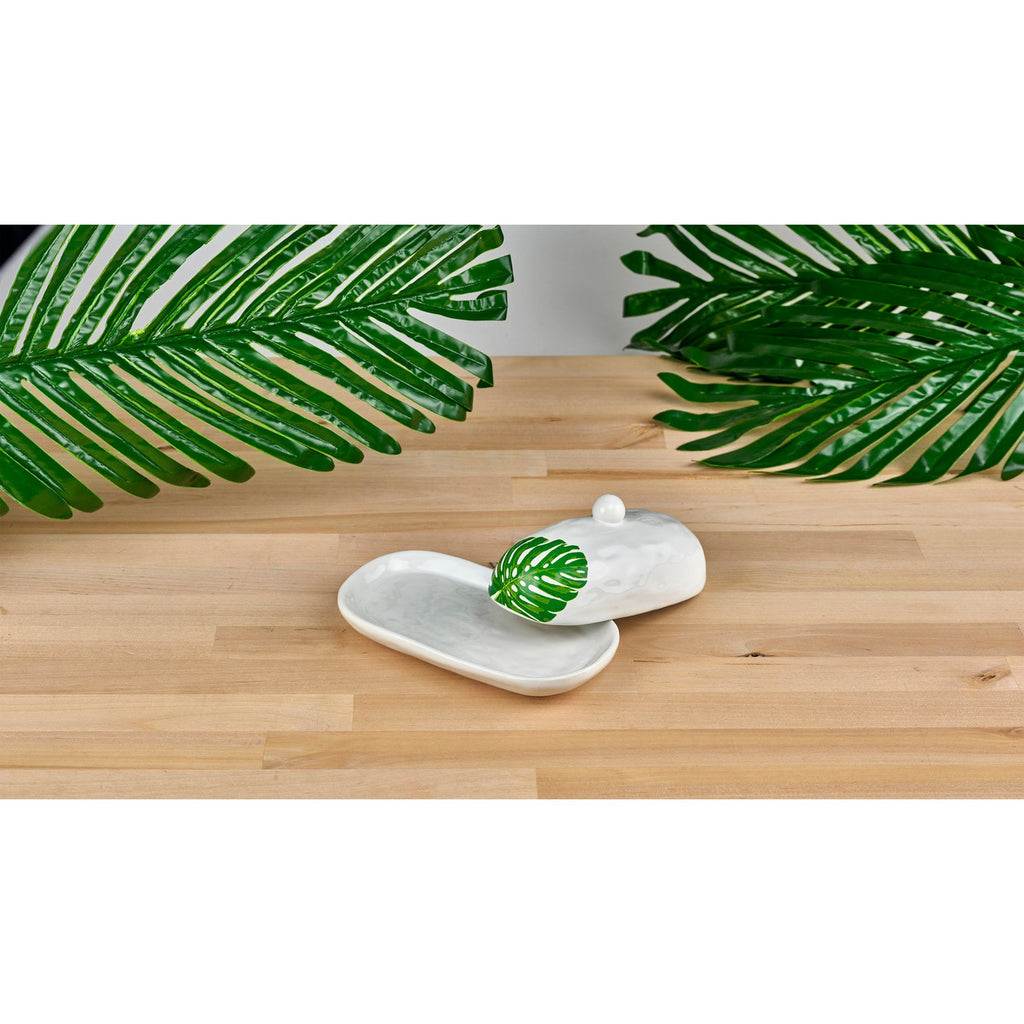 Monstera & Palm Leaf Butter Dish Godinger All Kitchen, Butter Dish, Green, Kitchen, Kitchen Storage, Monstera, Monstera Leaf, Palm, Palm Leaf, Tropical, White