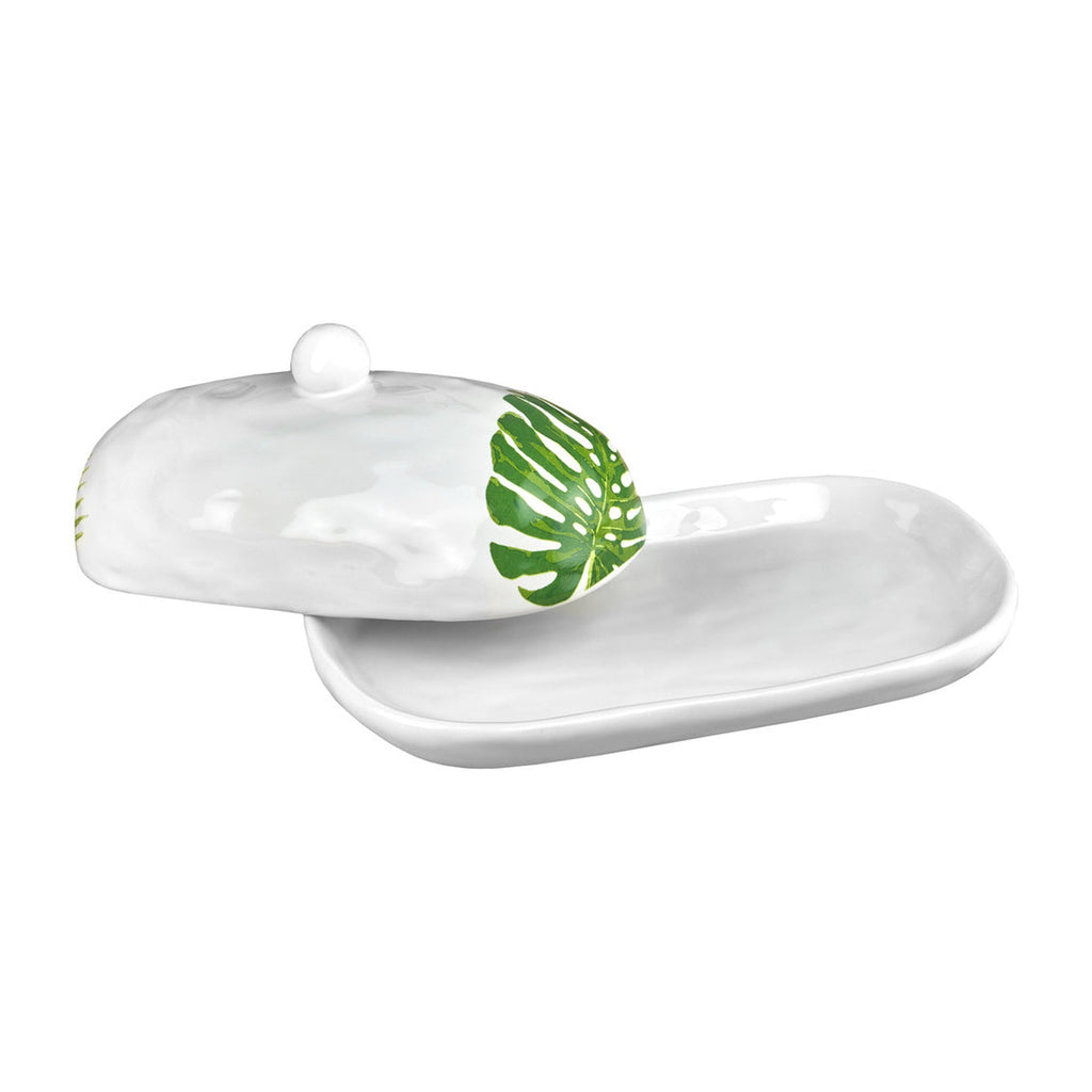 Monstera & Palm Leaf Butter Dish Godinger All Kitchen, Butter Dish, Green, Kitchen, Kitchen Storage, Monstera, Monstera Leaf, Palm, Palm Leaf, Tropical, White