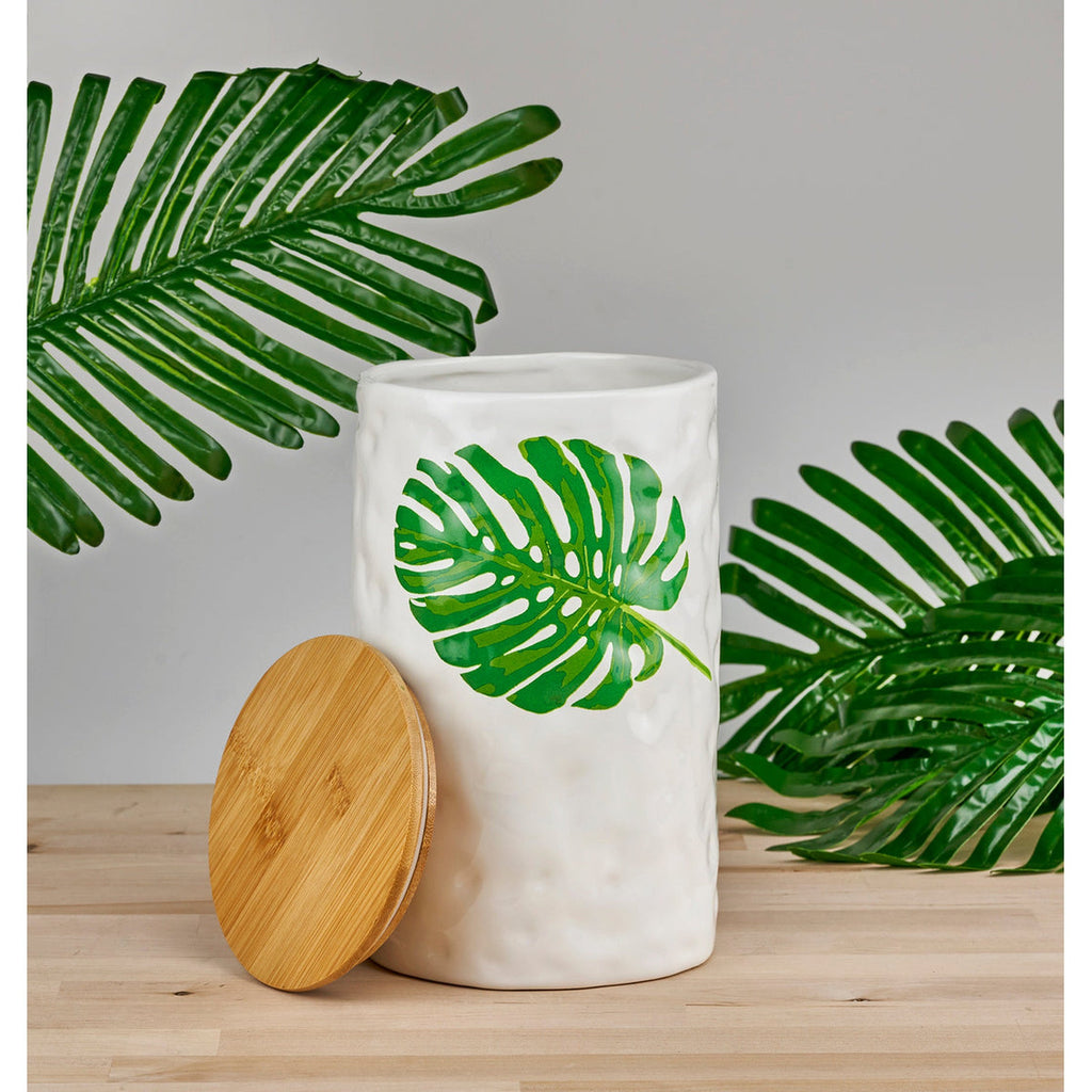 Monstera & Palm Leaf Large Storage Canister Godinger All Kitchen, Canister, Green, Kitchen Storage, Monstera, Monstera Leaf, Palm, Palm Leaf, Storage, Tropical, White