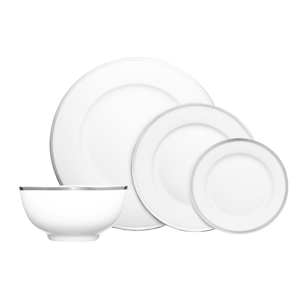 Nola Bone China Platinum Rim 16 Piece Dinnerware Set, Service for 4 Godinger 16 Piece Dinnerware, 16 Piece Dinnerware Set, 16 Piece Set, All Dining, Bone China, Bone China Dinnerware, Bone China Dinnerware Set, Dinnerware, Dinnerware Set, Fine Dinnerware, Platinum Rim, Service For 4, Silver Rim, White, White Dinnerware