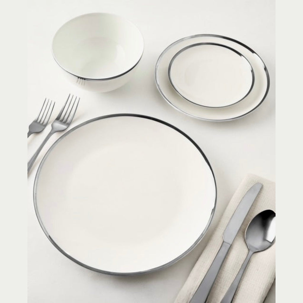 Nola Bone China Platinum Rim 16 Piece Dinnerware Set, Service for 4 Godinger 16 Piece Dinnerware, 16 Piece Dinnerware Set, 16 Piece Set, All Dining, Bone China, Bone China Dinnerware, Bone China Dinnerware Set, Dinnerware, Dinnerware Set, Fine Dinnerware, Platinum Rim, Service For 4, Silver Rim, White, White Dinnerware