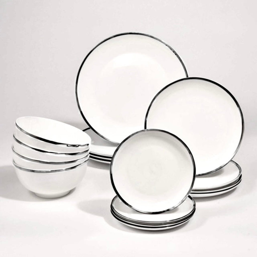 Nola Bone China Platinum Rim 16 Piece Dinnerware Set, Service for 4 Godinger 16 Piece Dinnerware, 16 Piece Dinnerware Set, 16 Piece Set, All Dining, Bone China, Bone China Dinnerware, Bone China Dinnerware Set, Dinnerware, Dinnerware Set, Fine Dinnerware, Platinum Rim, Service For 4, Silver Rim, White, White Dinnerware