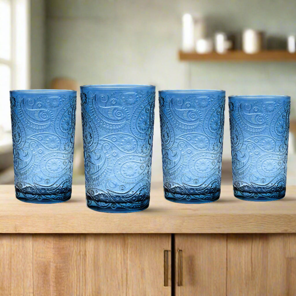 Paisley Blue Highball, Set of 4 Godinger All Barware, All Glassware, All Glassware & Barware, Blue, DOF & Highball, Highball, Highball Set, Paisley, Paisley Glassware, Paisley Highball