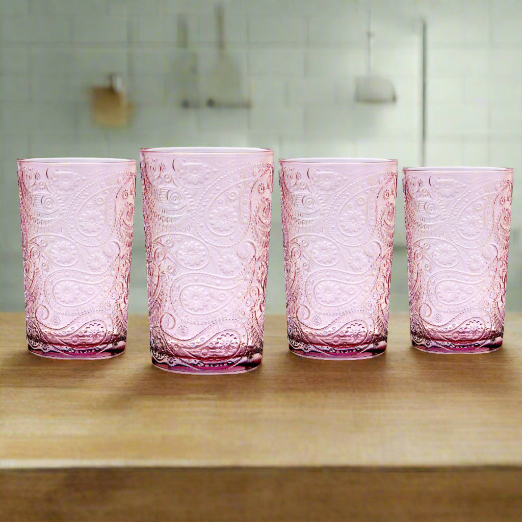 Paisley Blush Highball, Set of 4 Godinger All Barware, All Glassware, All Glassware & Barware, DOF & Highball, Highball, Highball Set, Paisley, Paisley Glassware, Paisley Highball, Pink