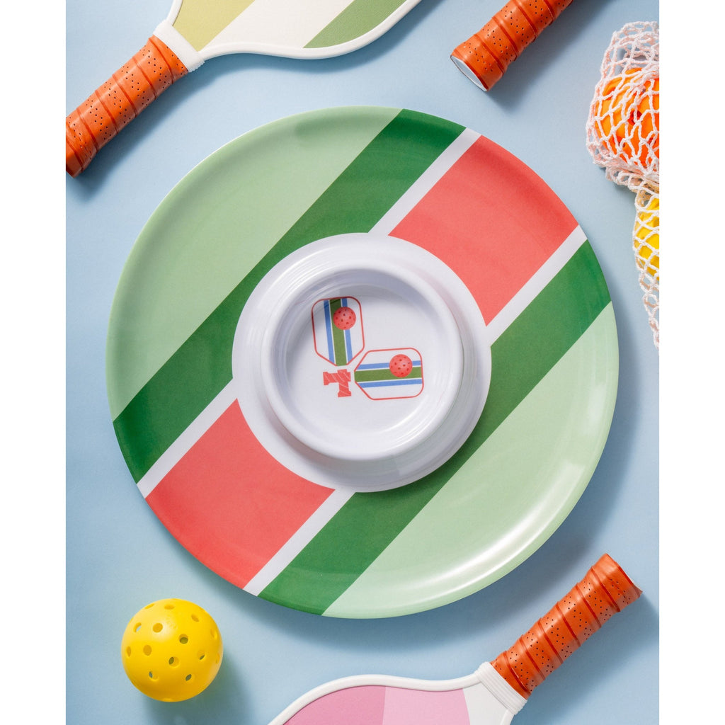 Pickle Ball Striped Melamine Chip-n-Dip Godinger All Dining, Chip & Dip, Dining, Dinker, Melamine, Outdoor, Outdoor Dinnerware, Pickle Ball