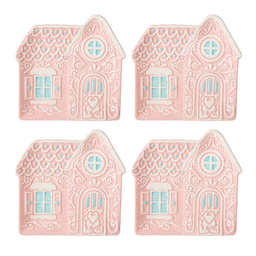 Pink Gingerbread House Appetizer Plate, Set of 4 Godinger All Dining, Appetizer, Appetizer Plate, Blue, Christmas, Dessert, Dessert Plate, Gingerbread, Gingerbread House, Holiday, Pink, Pink Gingerbread House, Plates, White