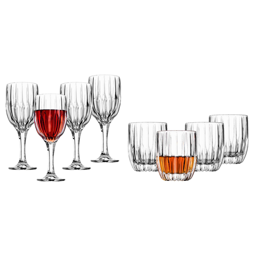 Pleat 8 Piece Goblet & Double Old Fashion Set Godinger All Glassware, All Glassware & Barware, Cut Crystal, DOF, DOF & Highball, Double Old Fashion, Goblet, Pleat, Wine, Wine & Champagne