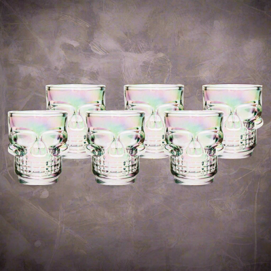 Skeller Iridescent Shot Glass, Set of 6 Godinger All Glassware, Glassware, Glassware & Bareware, Halloween, Halloween Party, Iridescent, Shot Glasses, Skull, Skull Glassware