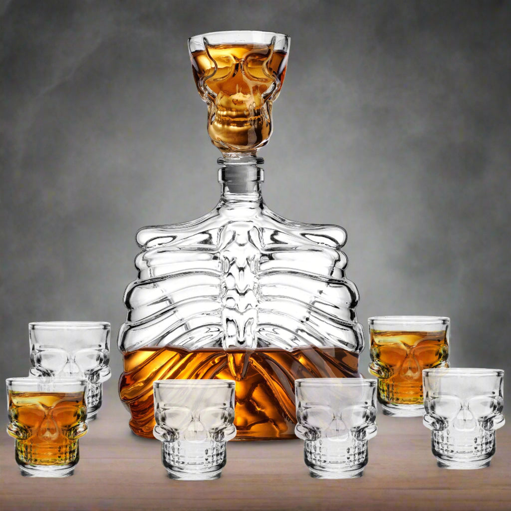 Skelly 7 Piece Whiskey Decanter Set Godinger All Glassware, All Glassware & Barware, Clear, Decanter, Decanter & Decanter Sets, Halloween, Halloween Party, Skull, Skull Decanter, Skull Glassware, Whiskey Decanter