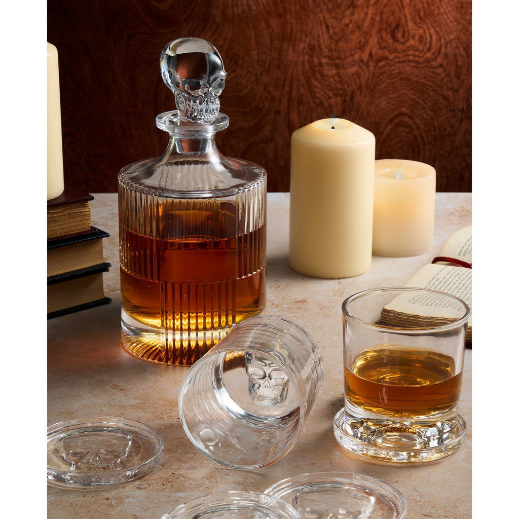 Skull 3 Piece Round Whiskey Decanter Set Godinger All Barware, All Glassware, All Glassware & Barware, Barware, Clear, Decanter, Decanter & Decanter Sets, Decanter Sets, DOF, Drinkware, Entertaining, Glassware, Halloween, Halloween Party, Skull, Skull Decanter, Skull Glassware, Whiskey Glass