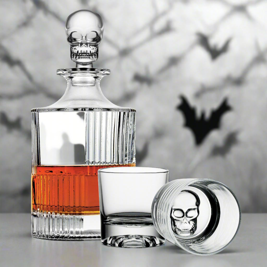 Skull 3 Piece Round Whiskey Decanter Set Godinger All Barware, All Glassware, All Glassware & Barware, Barware, Clear, Decanter, Decanter & Decanter Sets, Decanter Sets, DOF, Drinkware, Entertaining, Glassware, Halloween, Halloween Party, Skull, Skull Decanter, Skull Glassware, Whiskey Glass