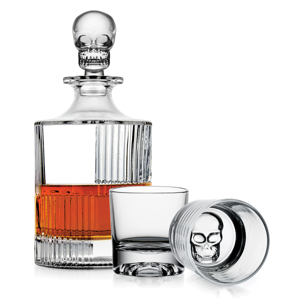 Skull 3 Piece Round Whiskey Decanter Set Godinger All Barware, All Glassware, All Glassware & Barware, Barware, Clear, Decanter, Decanter & Decanter Sets, Decanter Sets, DOF, Drinkware, Entertaining, Glassware, Halloween, Halloween Party, Skull, Skull Decanter, Skull Glassware, Whiskey Glass