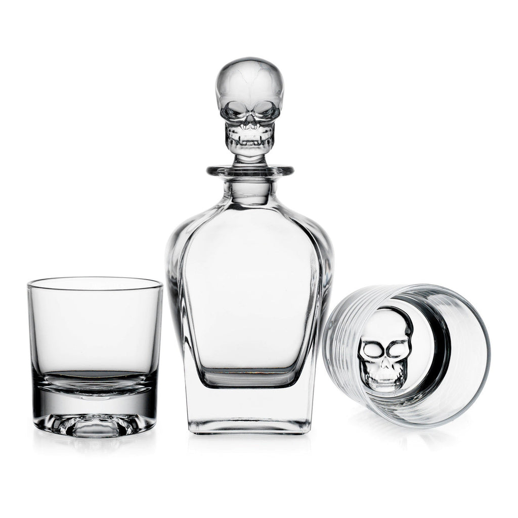 Skull 3 Piece Whiskey Decanter Set Godinger All Barware, All Glassware, All Glassware & Barware, Barware, Clear, Decanter, Decanter & Decanter Sets, Decanter Sets, DOF, Drinkware, Glassware, Halloween, Halloween Party, Skull, Skull Decanter, Skull Glassware, Whiskey Glass