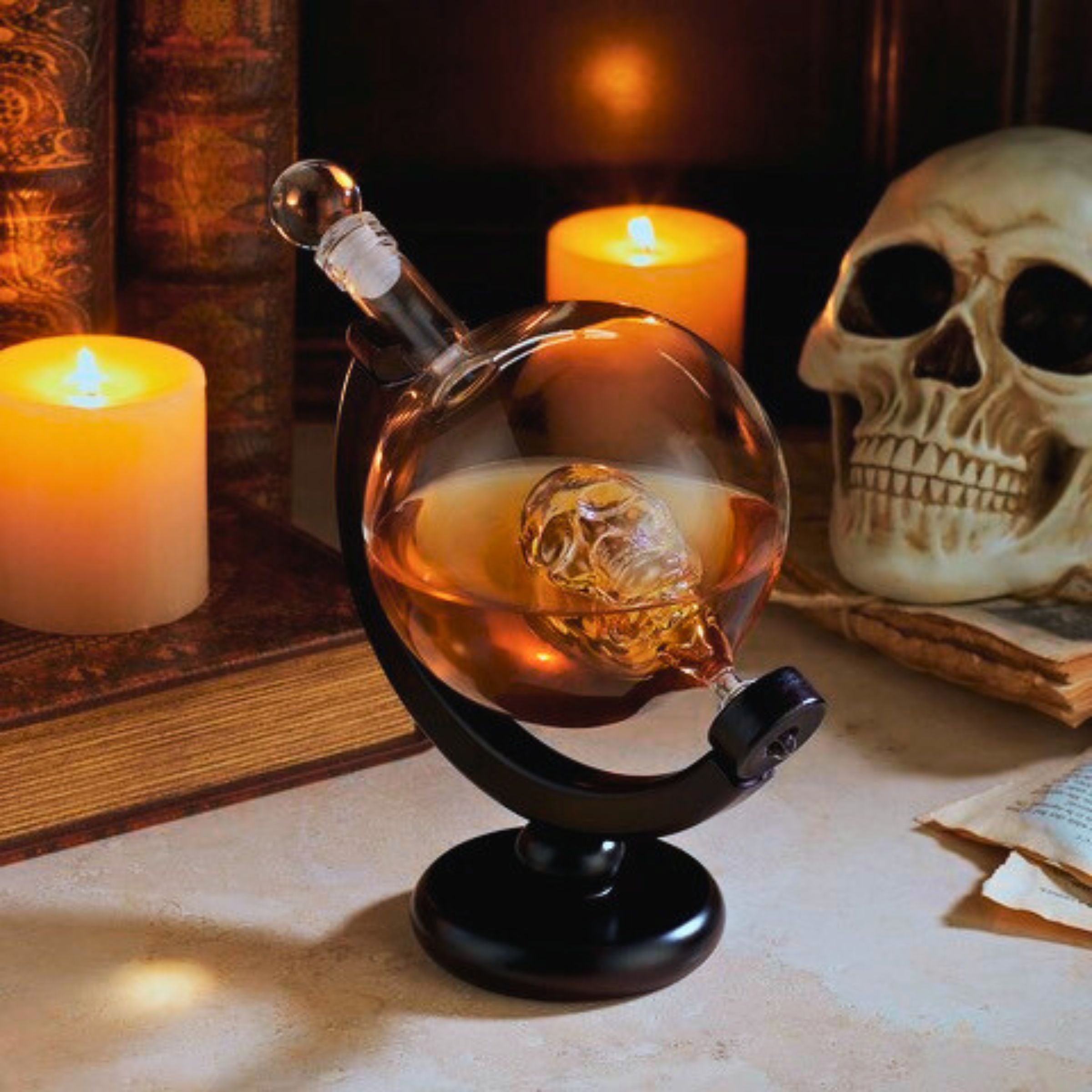 Glass Skull Head Iridescent Whiskey Decanter – 26.5 Oz, Clear Crystal With Stopper