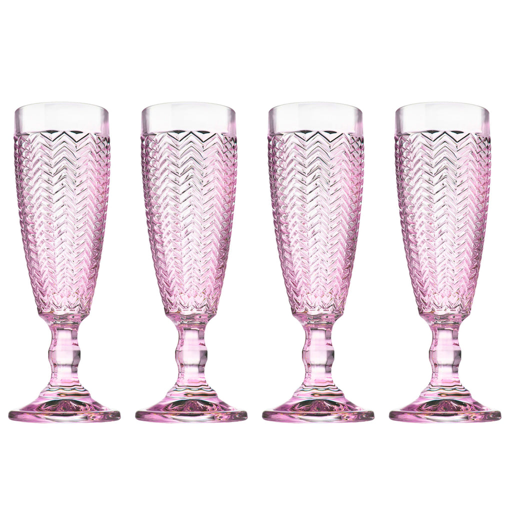 Twill Pink Flute. Set of 4 Godinger All Barware, All Glassware, All Glassware & Barware, Chevron, Pink, Textured, Twill, Twill Pink, Twill Pink Flute, Wine & Champagne