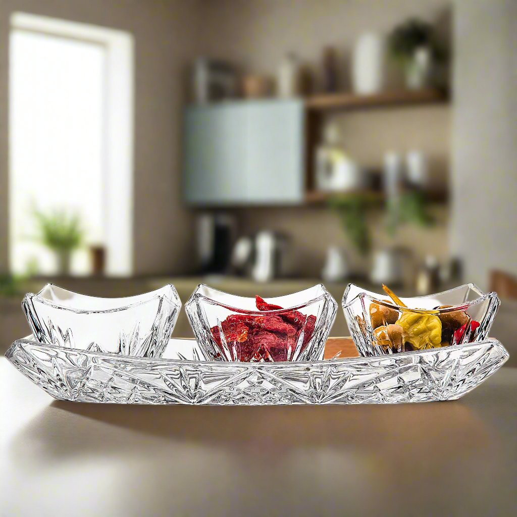 Dublin Square 4 Piece Appetizer Server Godinger All Kitchen, Clear, Crystal, Cut Crystal, Dublin, Dublin Kitchen, Serving Trays