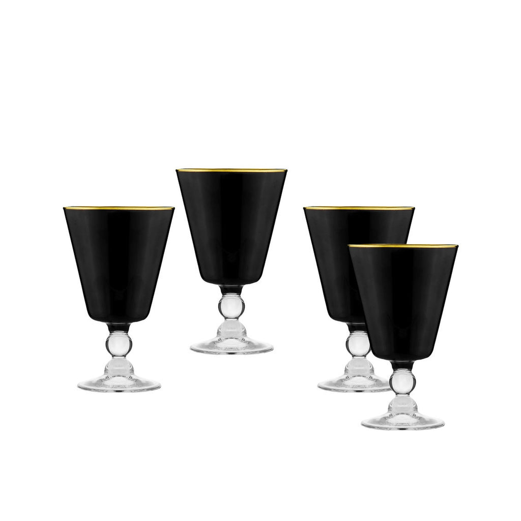 Vitolo Gold Rim Black Goblet, Set of 4 Godinger All Barware, All Glassware, All Glassware & Barware, Black, Crystal, Goblet, Vitolo